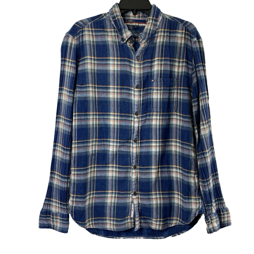 Tommy Hilfiger Shirt Mens Large Blue Plaid Cotton Thick Gauze Button Long Sleeve